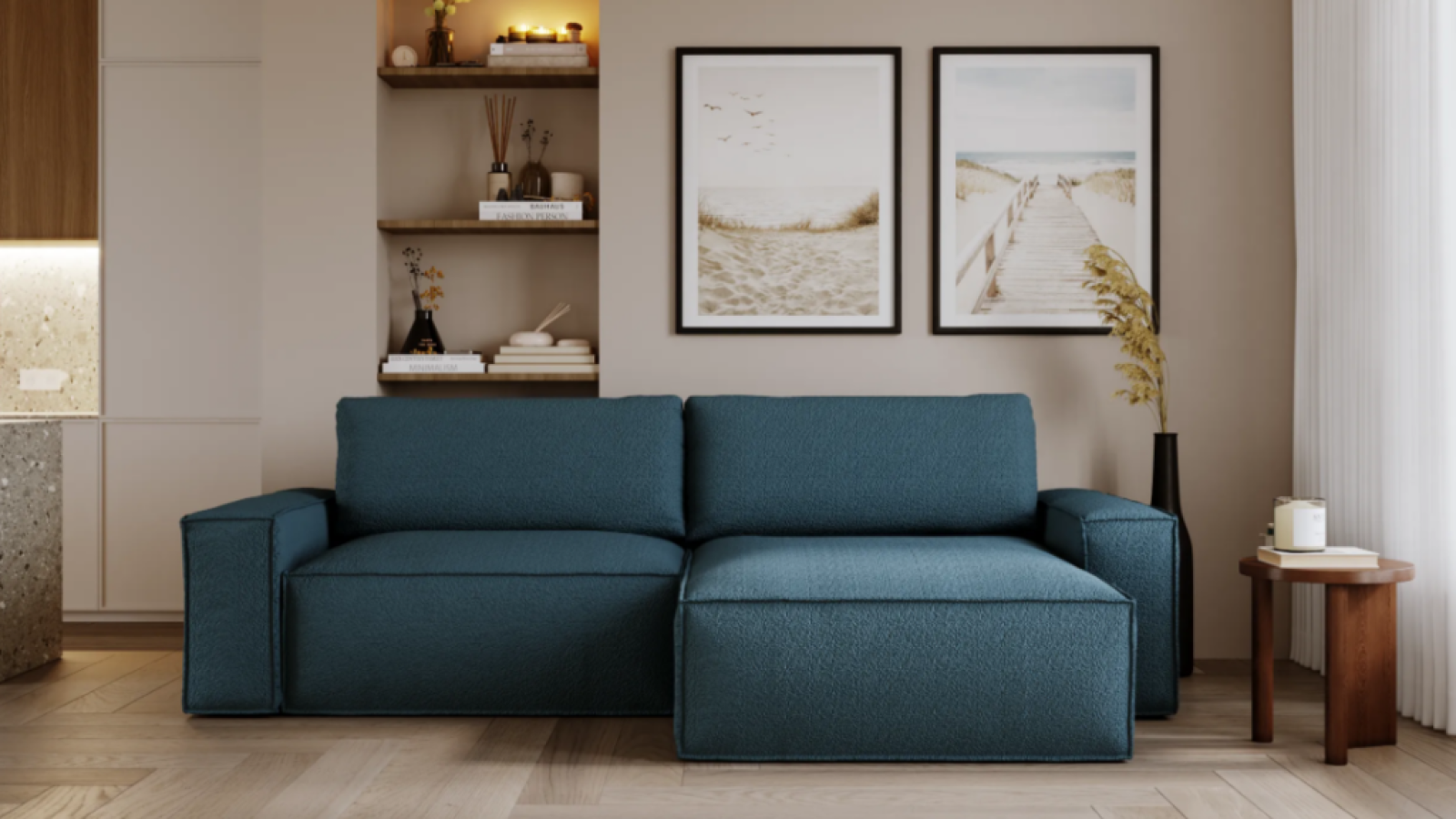 Design your space with the depth and serenity of a blue corner sofa