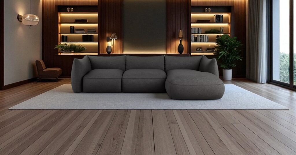 Stylish modern living room with a dark grey corner sofa, wooden floor, soft area rug, built-in bookshelves with warm lighting, and large windows creating a cosy yet elegant atmosphere.