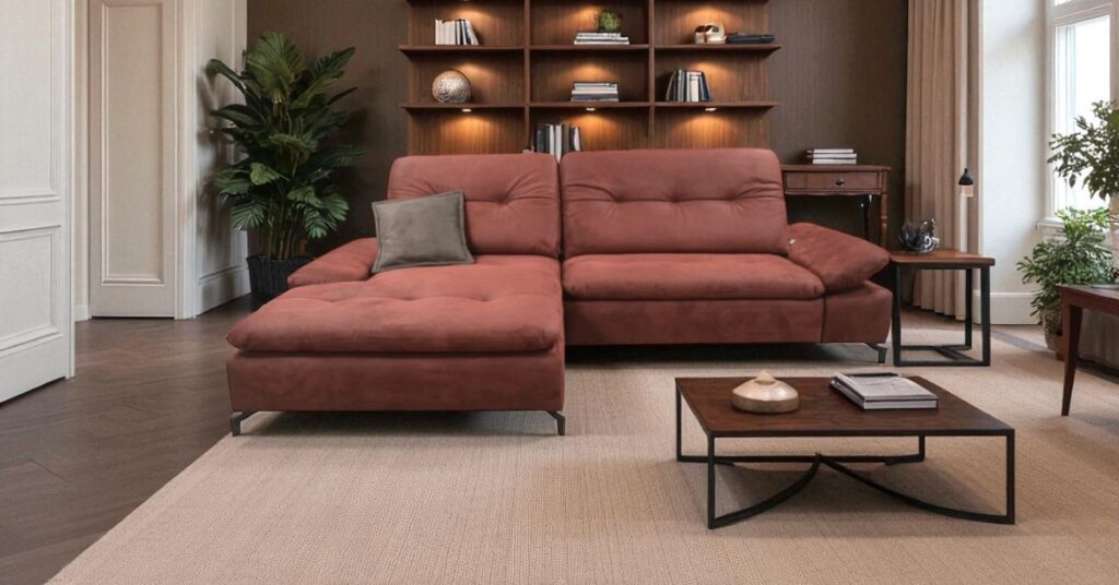 Modern living room with a rust-coloured corner sofa, dark wooden coffee table, built-in shelving with decor, and indoor plants creating a warm and stylish interior.