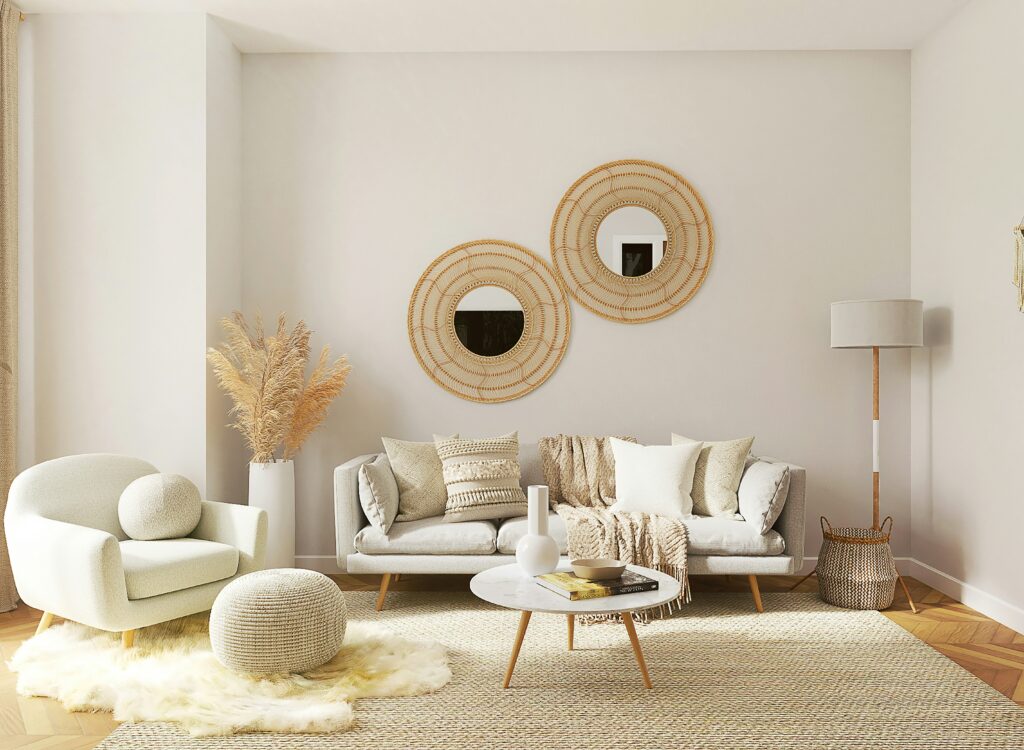 beige living room with furniture and mirror