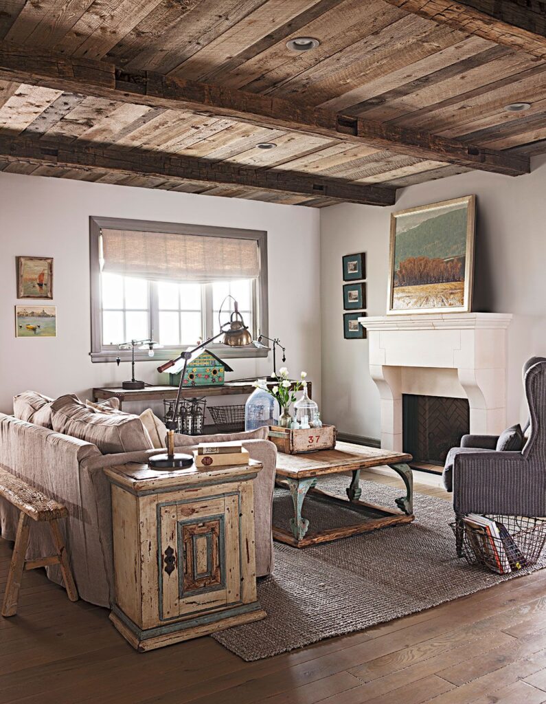 wooden vintage living room with fireplace