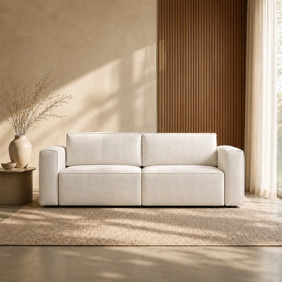 Sofa bed against wood-panelled wall
