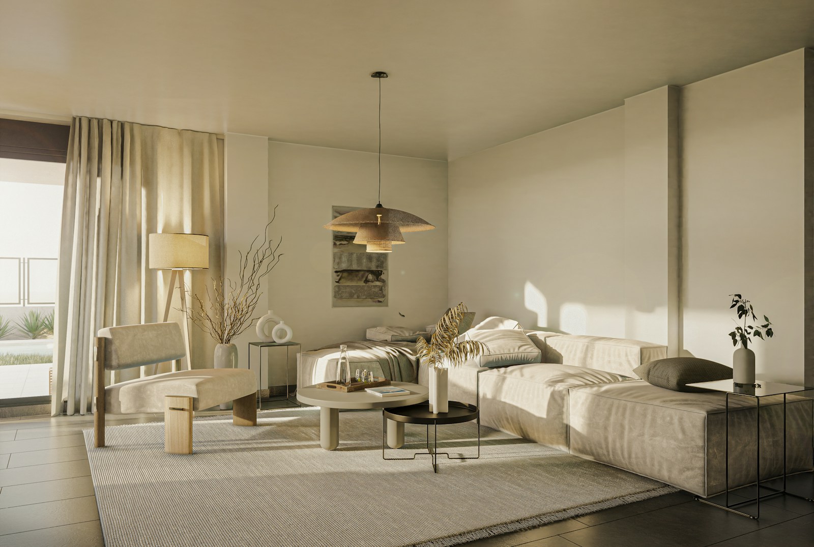 A warm, sunlit living room with a modular sofa and natural materials
