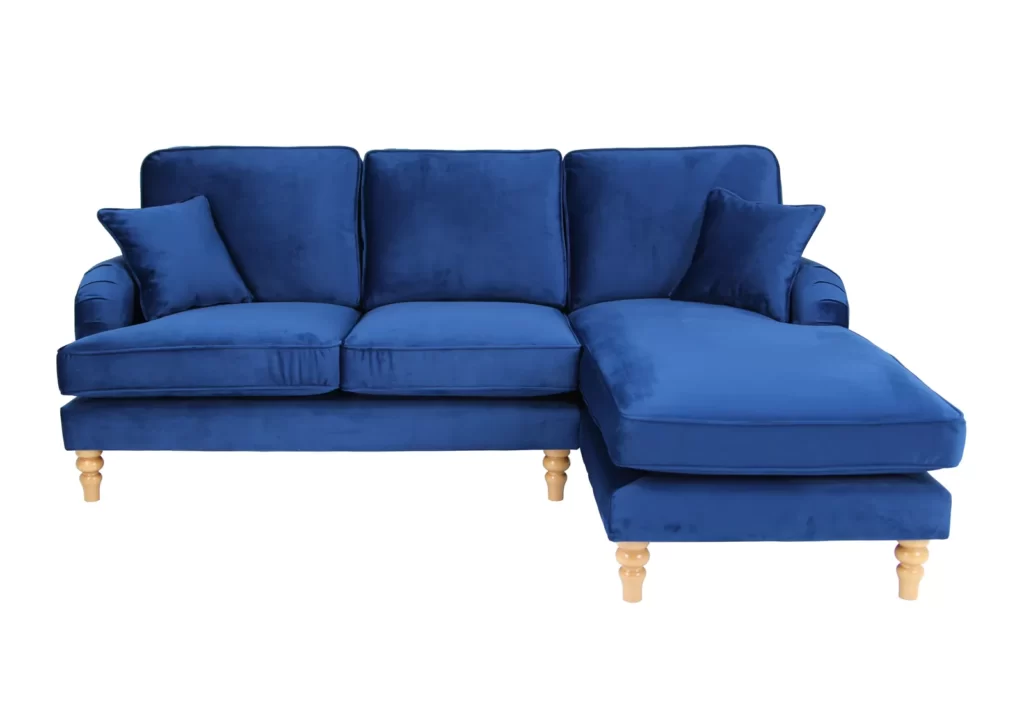 navy blue corner sofa, Rupert right-hand, blue velvet fabric, modern living room seating