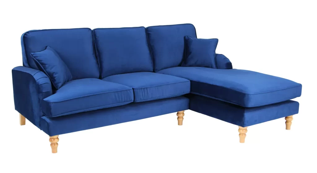 navy blue corner sofa, blue velvet fabric,