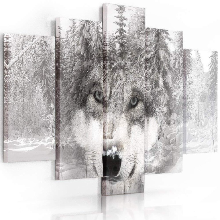 Five piece picture canvas print, Wolf Forest Animal Grey