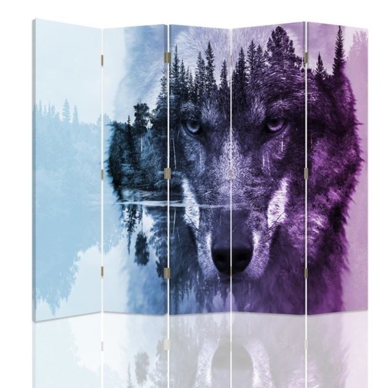 Room divider Double-sided, The wolf on the background of the forest in purples