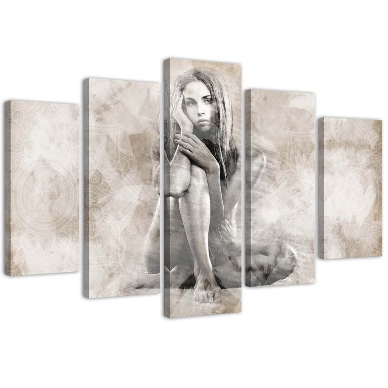 Five piece picture canvas print, Female Nude Beige