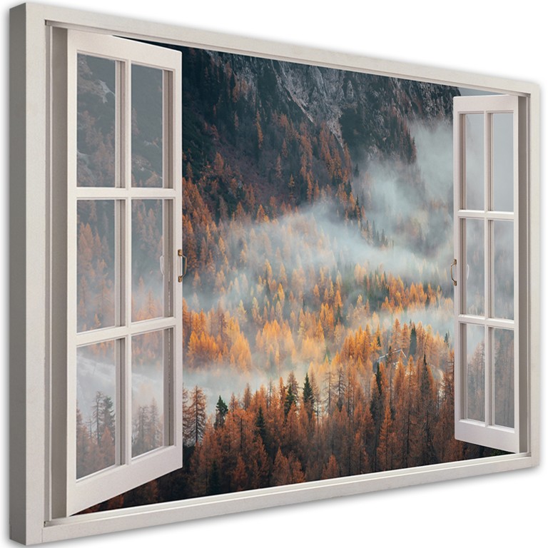 Canvas print, Window autumn mist in the mountains