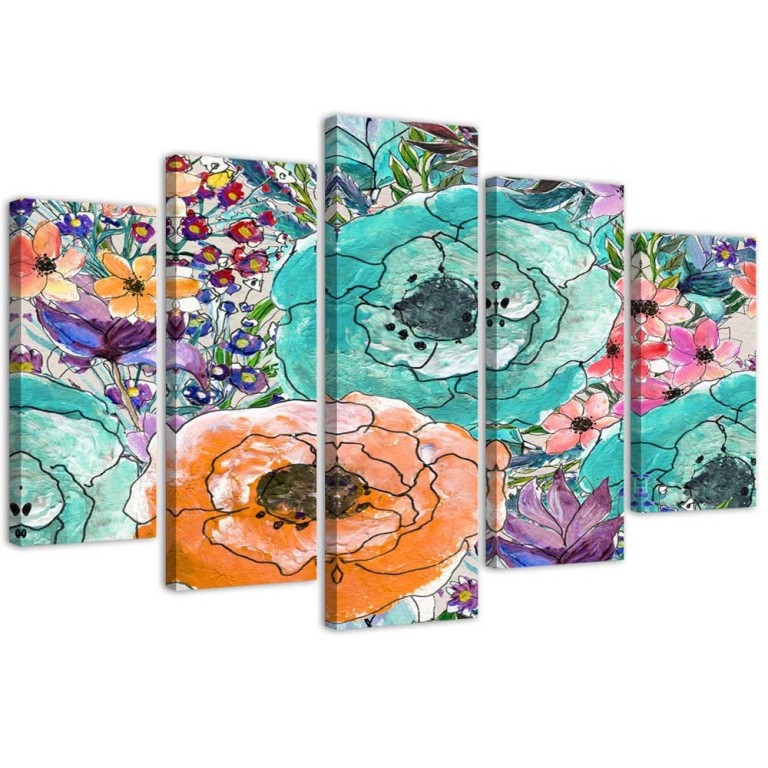 Five piece picture canvas print, Colourful Flowers Abstract