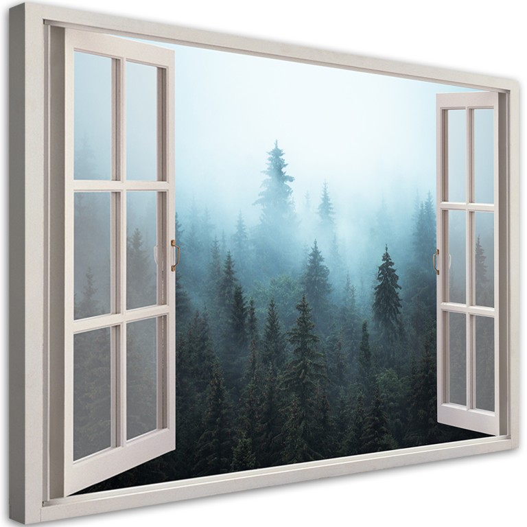 Canvas print, Window view Forest in the fog nature