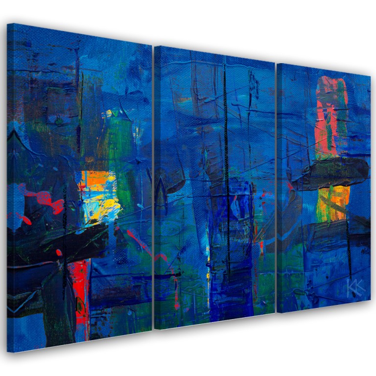 Three piece picture canvas print, Blue abstract hand painted