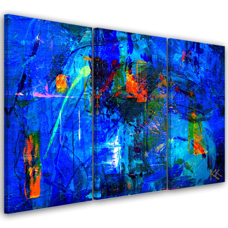 Three piece picture canvas print, Blue abstract hand painted