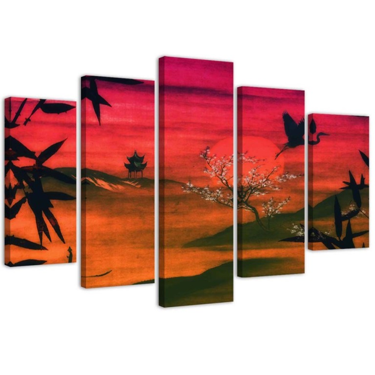 Five piece picture canvas print, Japanese Landscape Red