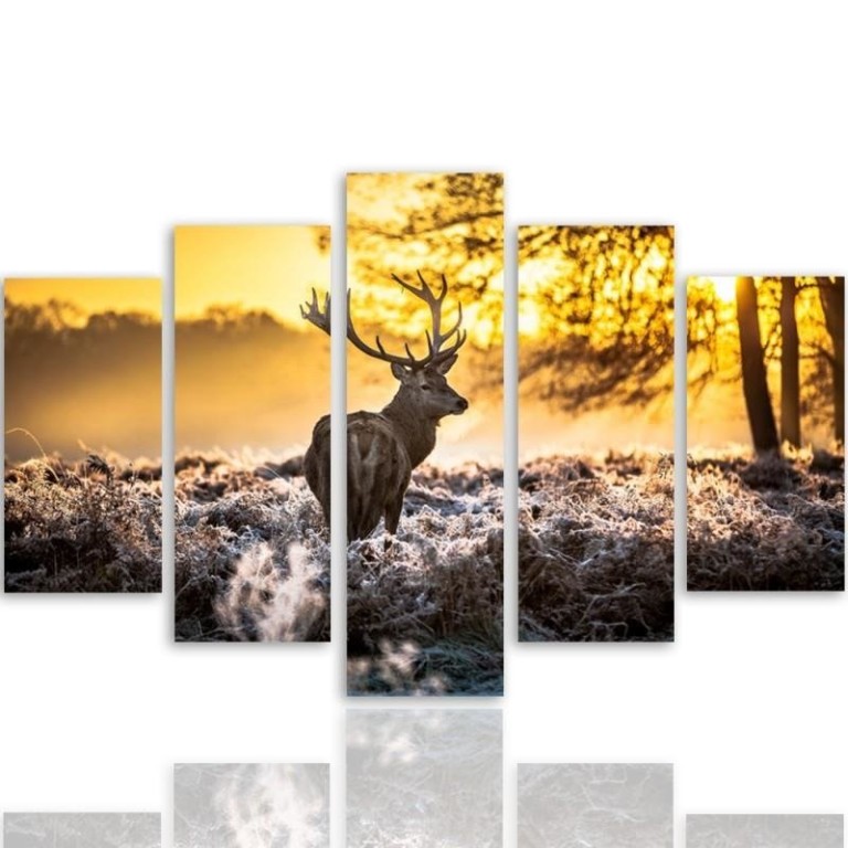 Five piece picture canvas print, Deer Forest Sunset