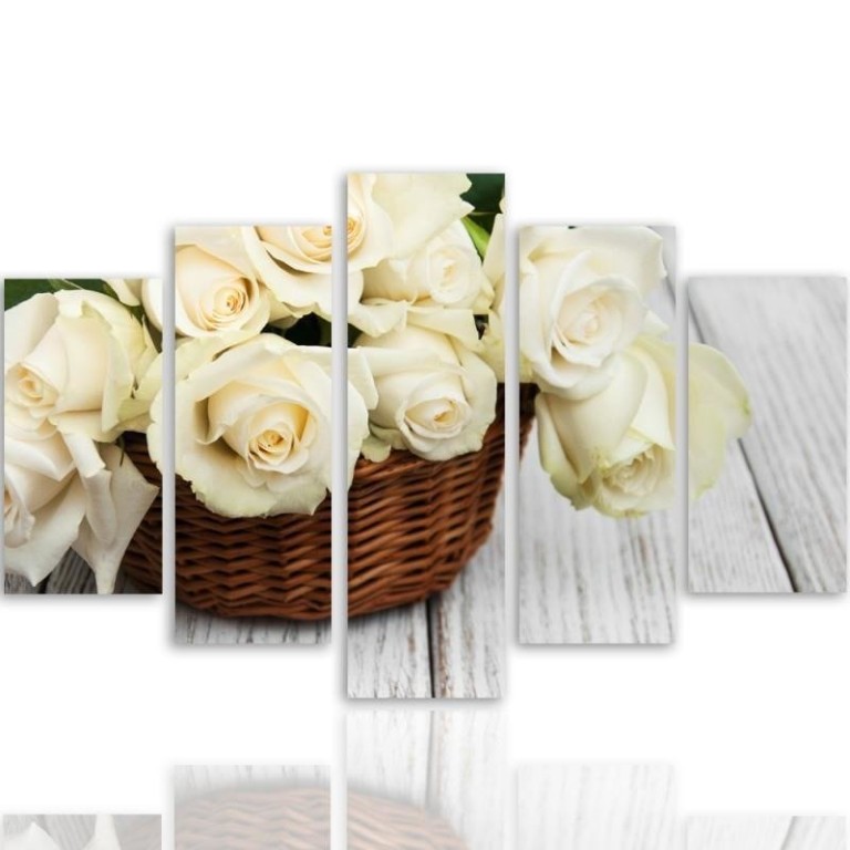 Five piece picture canvas print, White Roses Nature Flowers