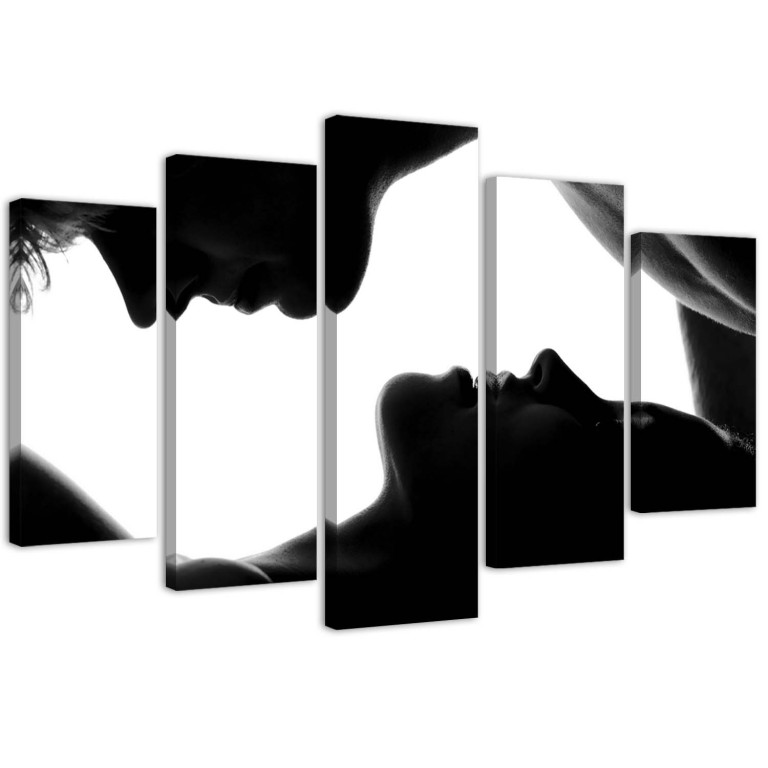 Five piece picture canvas print, Kiss Couple Black White