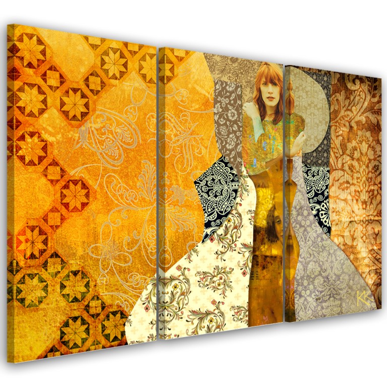 Three piece picture canvas print, Woman on decorative background