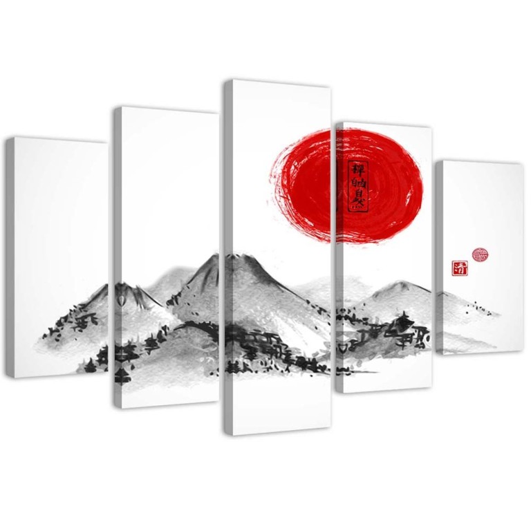 Five piece picture canvas print, Japan Mountains Sun