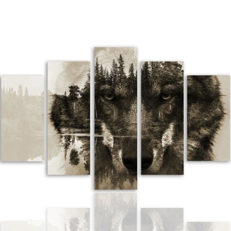 Five piece picture canvas print, Wolf Forest Fog Nature