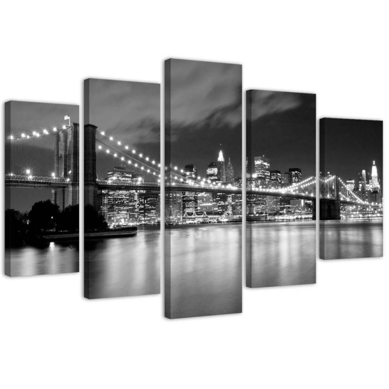 Five piece picture canvas print, New York Bridge Black White