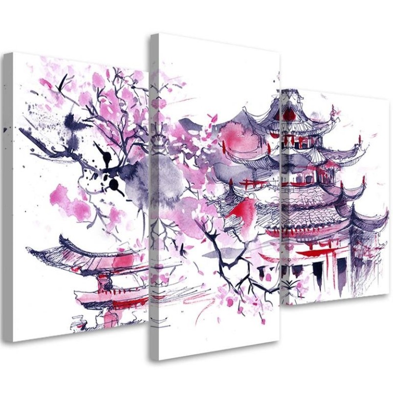 Three piece picture canvas print, Japanese Pagoda Sumi-e Watercolour