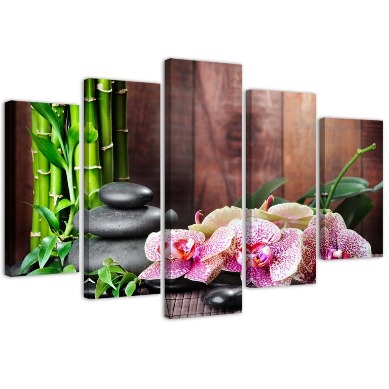 Five piece picture canvas print, Orchid Stone Bamboo