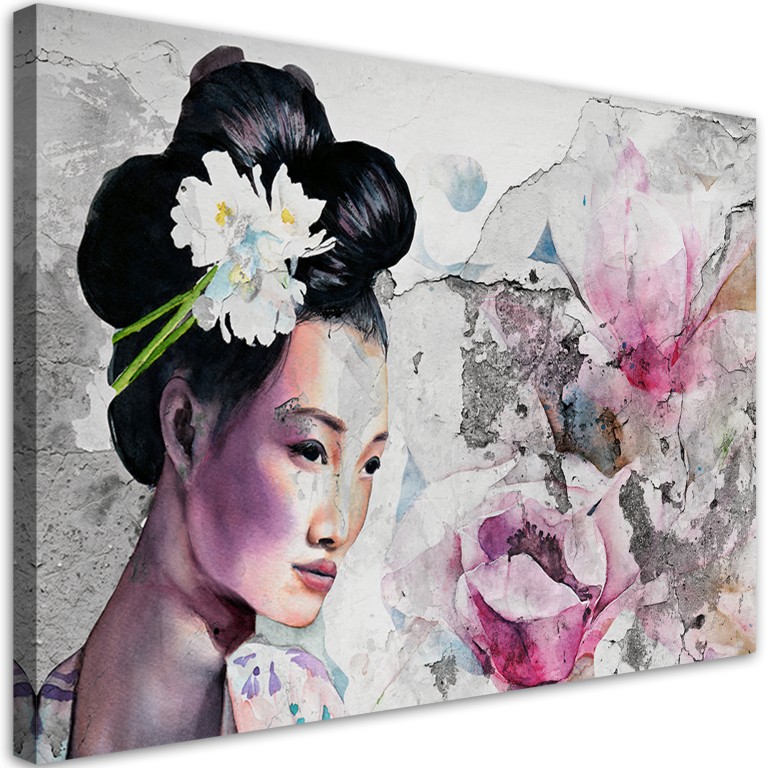 Canvas print, Geisha portrait on an old wall