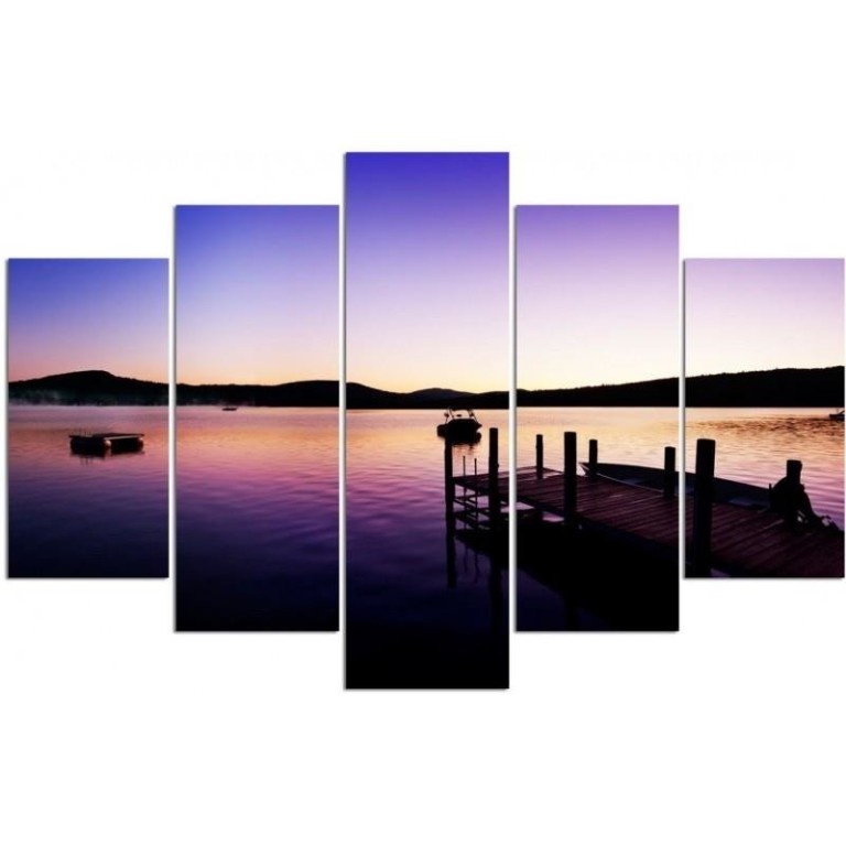 Five piece picture canvas print, Bridge Sunset Purple