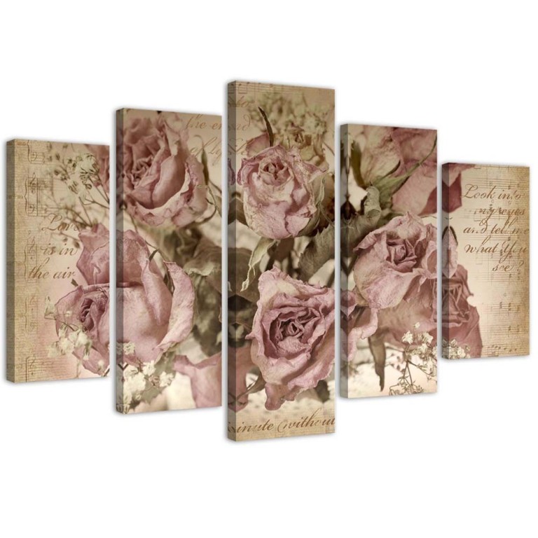 Five piece picture canvas print, Pink Roses Flowers