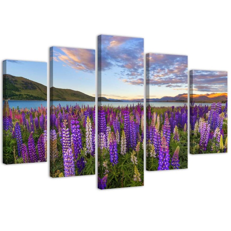 Five piece picture canvas print, Lake Lavender Flowers