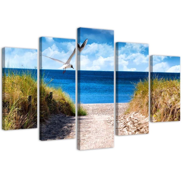 Five piece picture canvas print, landscape sea beach grass