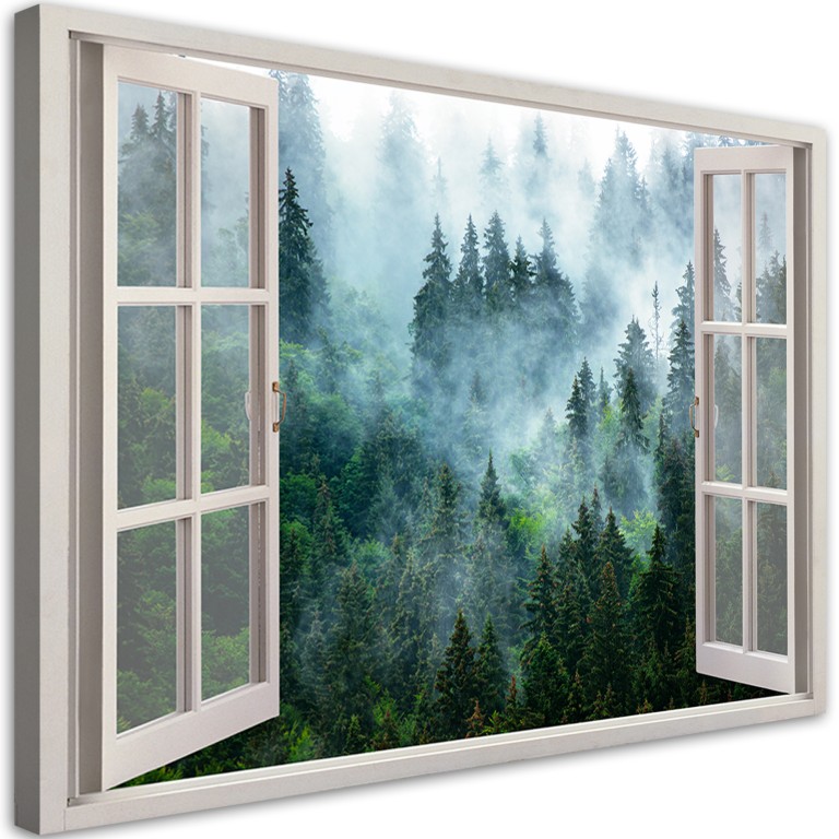 Canvas print, Window green forest in fog nature