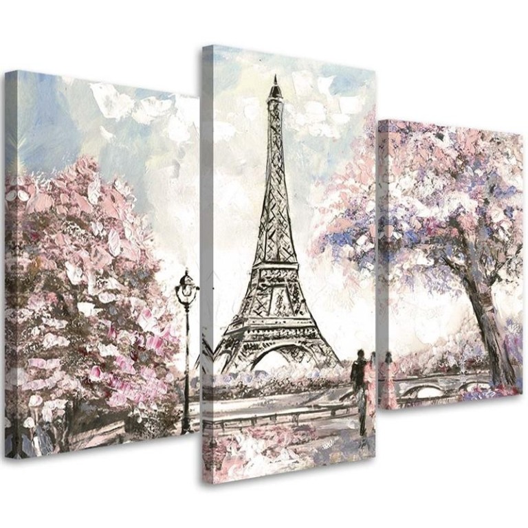 Three piece picture canvas print, Pink Paris Eiffel Tower as painted