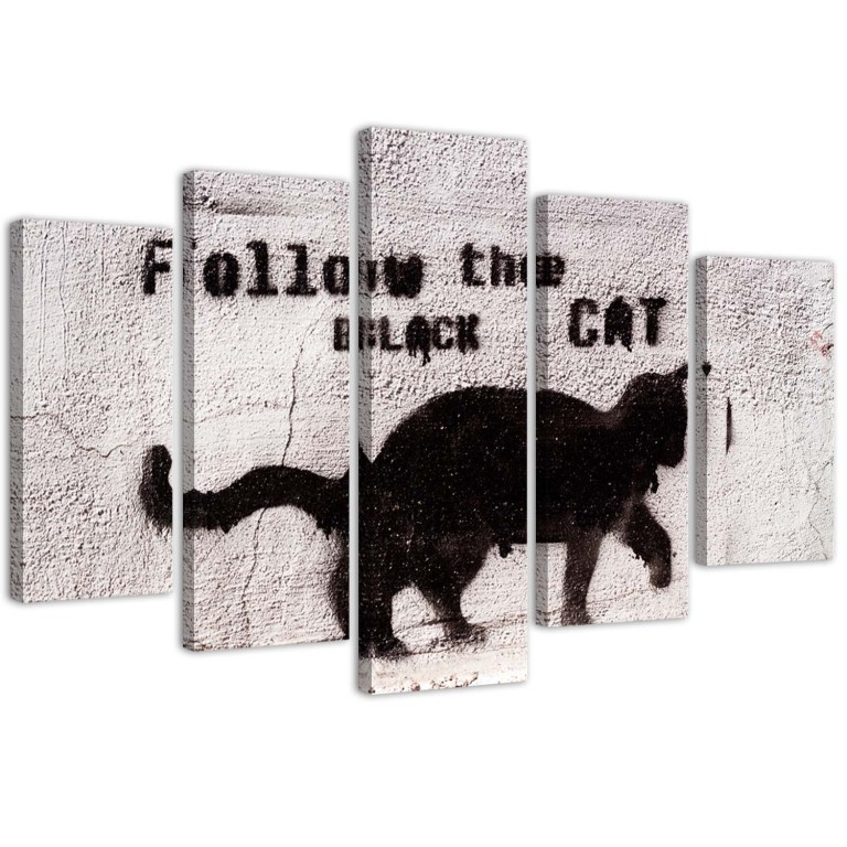 Five piece picture canvas print, Black Cat Texture Concrete