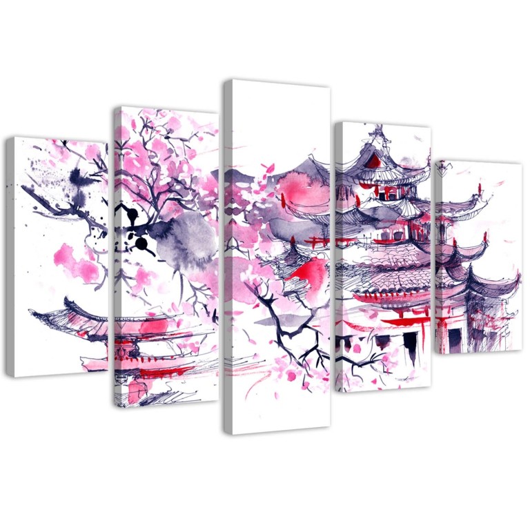 Five piece picture canvas print, Japanese pink landscape