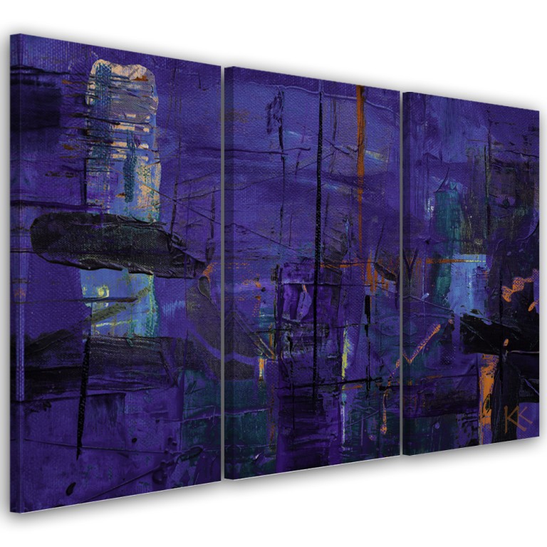 Three piece picture canvas print, Violet abstract hand painted