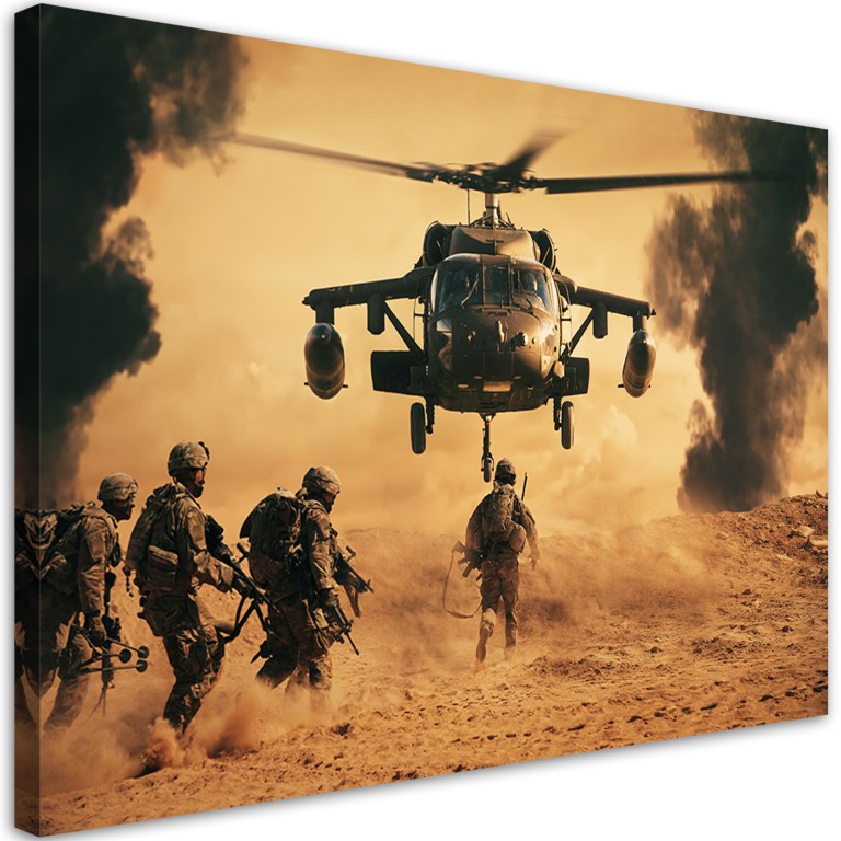 Canvas print, Helicopter and soldiers on mission
