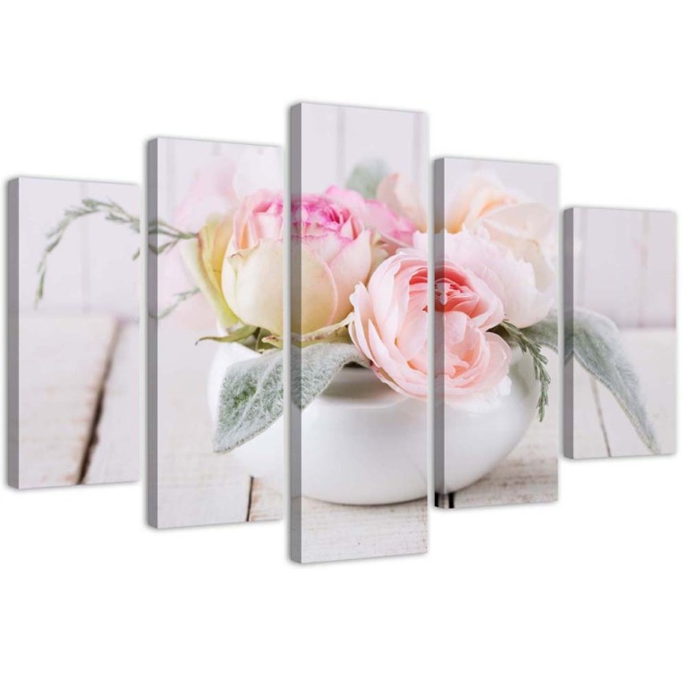 Five piece picture canvas print, Roses Vase Flowers Nature