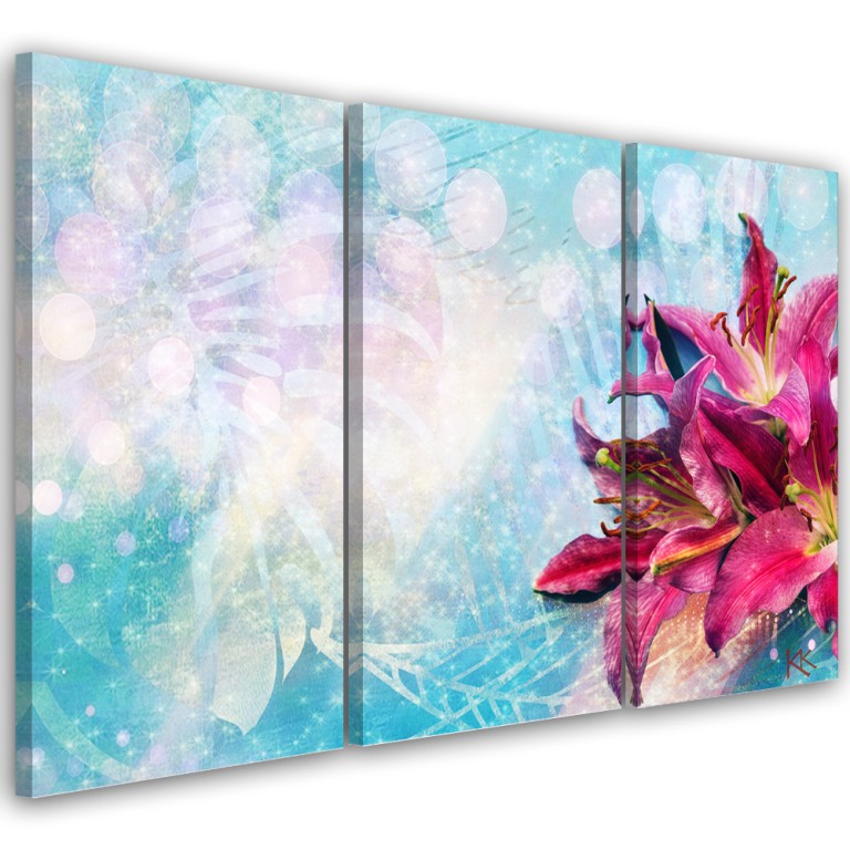 Three piece picture canvas print, Pink flowers on blue background