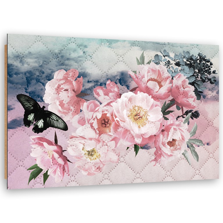 Deco panel print, R����owe kwiaty i czarny motyl