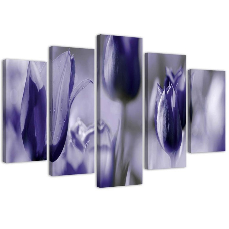 Five piece picture canvas print, Tulips Flower Purple