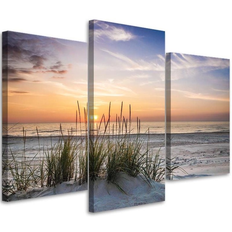 Three piece picture canvas print, Beach Sea Grass Sunset