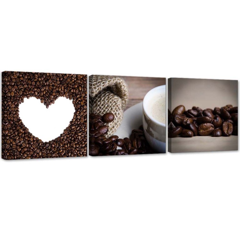 Set of three pictures canvas print, Coffee Bean Heart