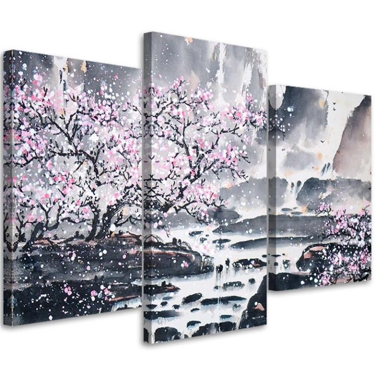 Three piece picture canvas print, Japanese Landscape Watercolour