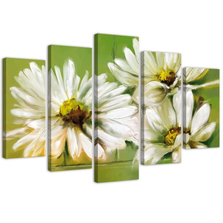 Five piece picture canvas print, White daisies flowers