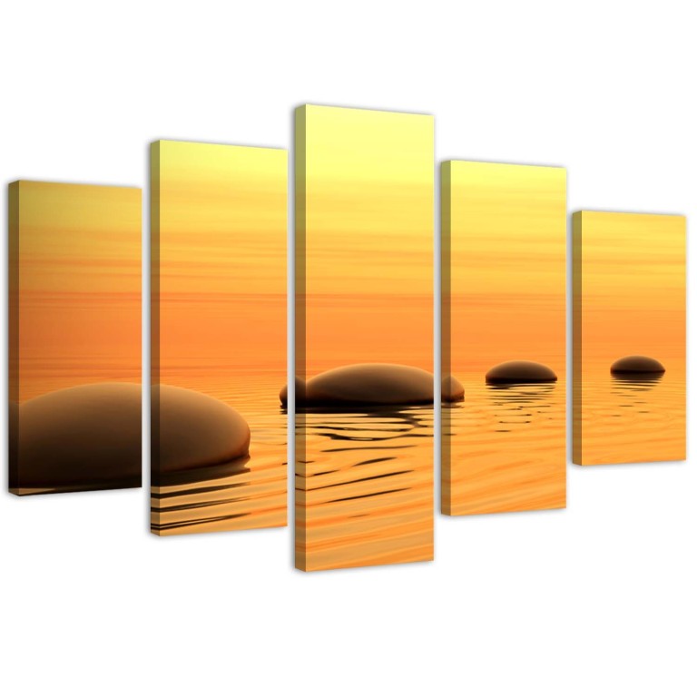Five piece picture canvas print, Zen Spa Stones Water Yellow