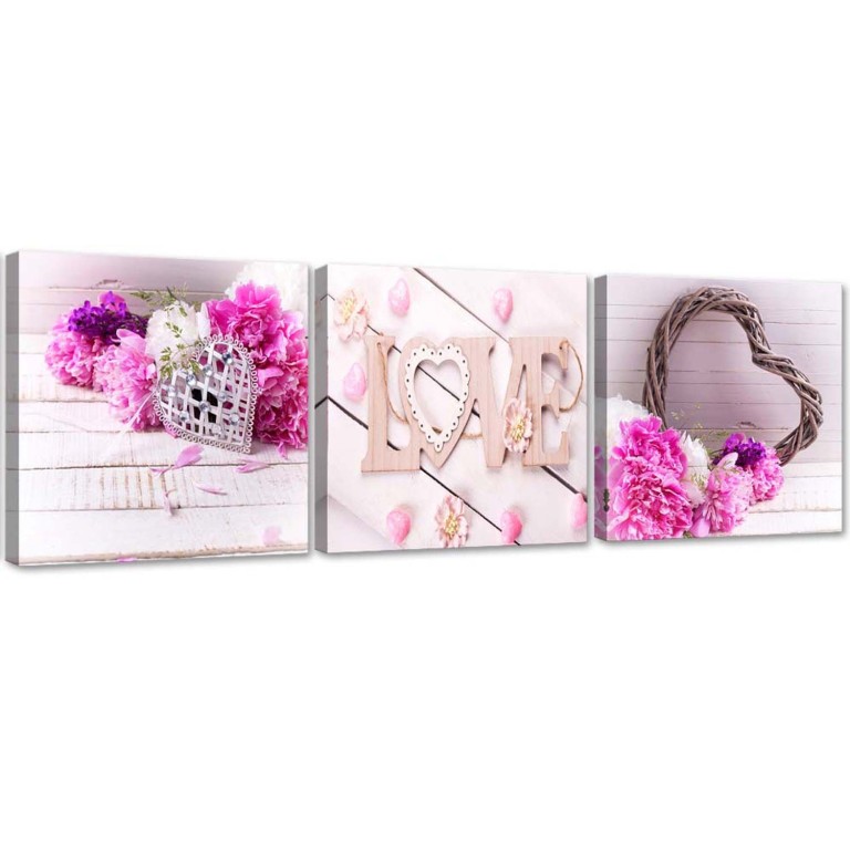 Set of three pictures canvas print, Pink flower LOVE inscription