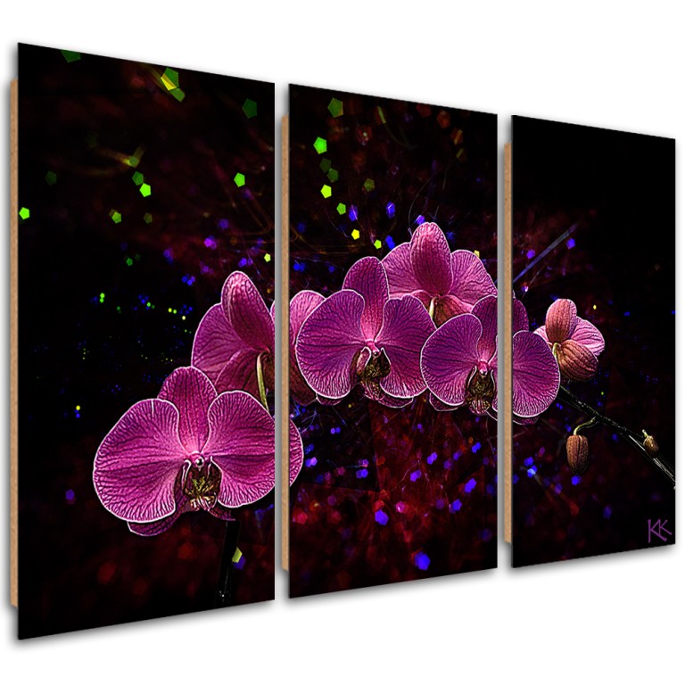 Three piece picture deco panel, Orchid on dark background