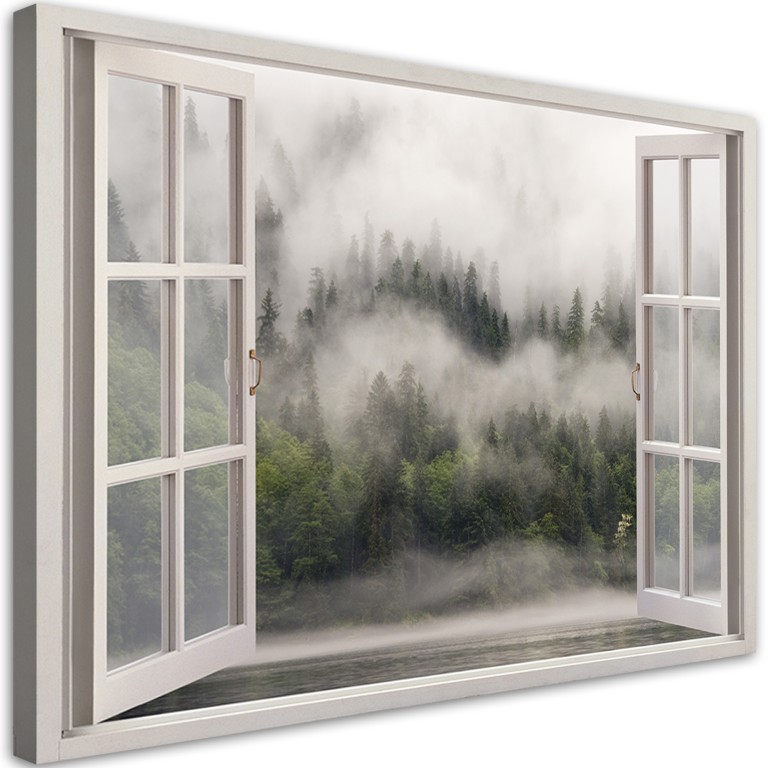 Canvas print, Window Foggy Forest Lake